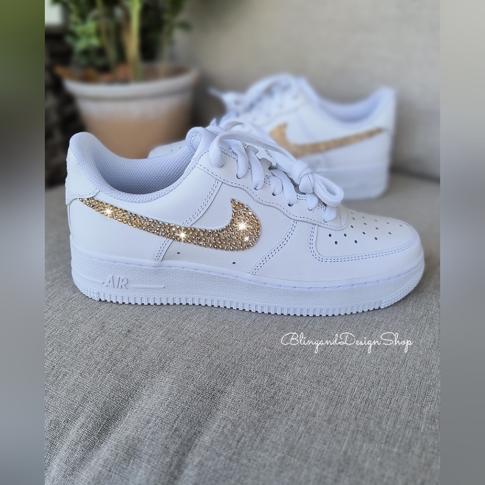 Women's Air Force 1 07 White Sneakers made with Gold Swarovski Crystals - Picture 8 of 8